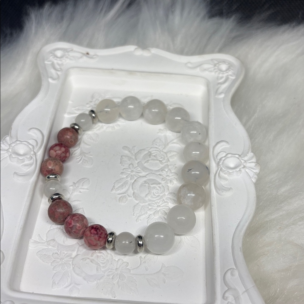 Red Coral Fossil and Rainbow Moonstone Stretch Bracelet - Picture 3 of 5